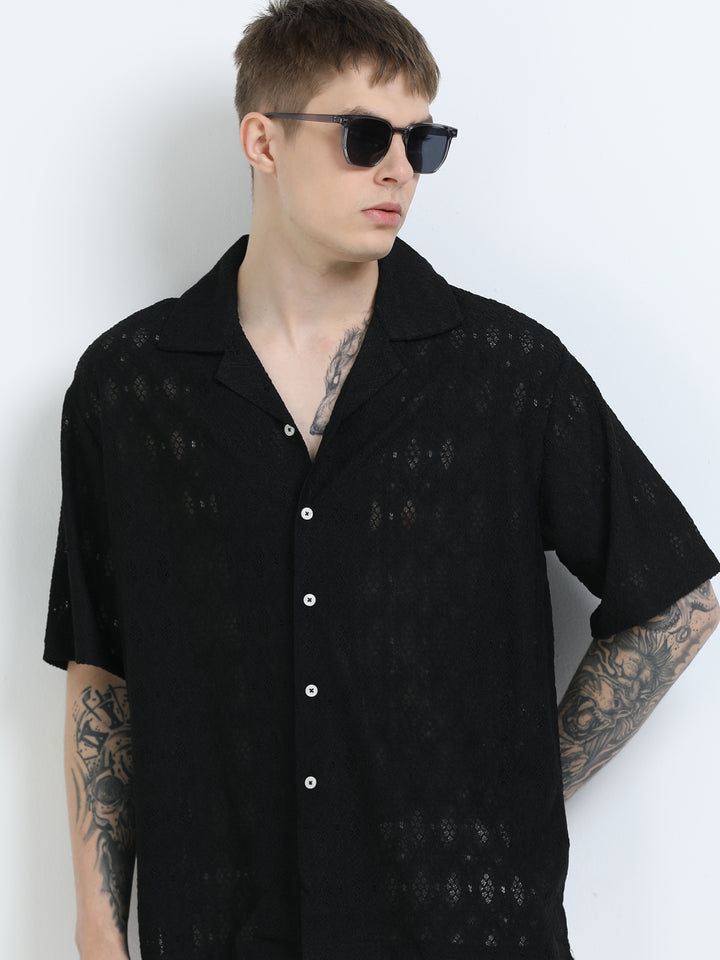 Premium Lace Pattern Short Sleeve Shirt - Black