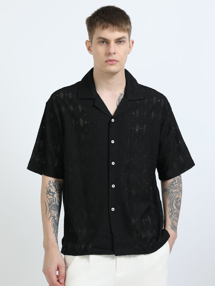 Premium Lace Pattern Short Sleeve Shirt - Black