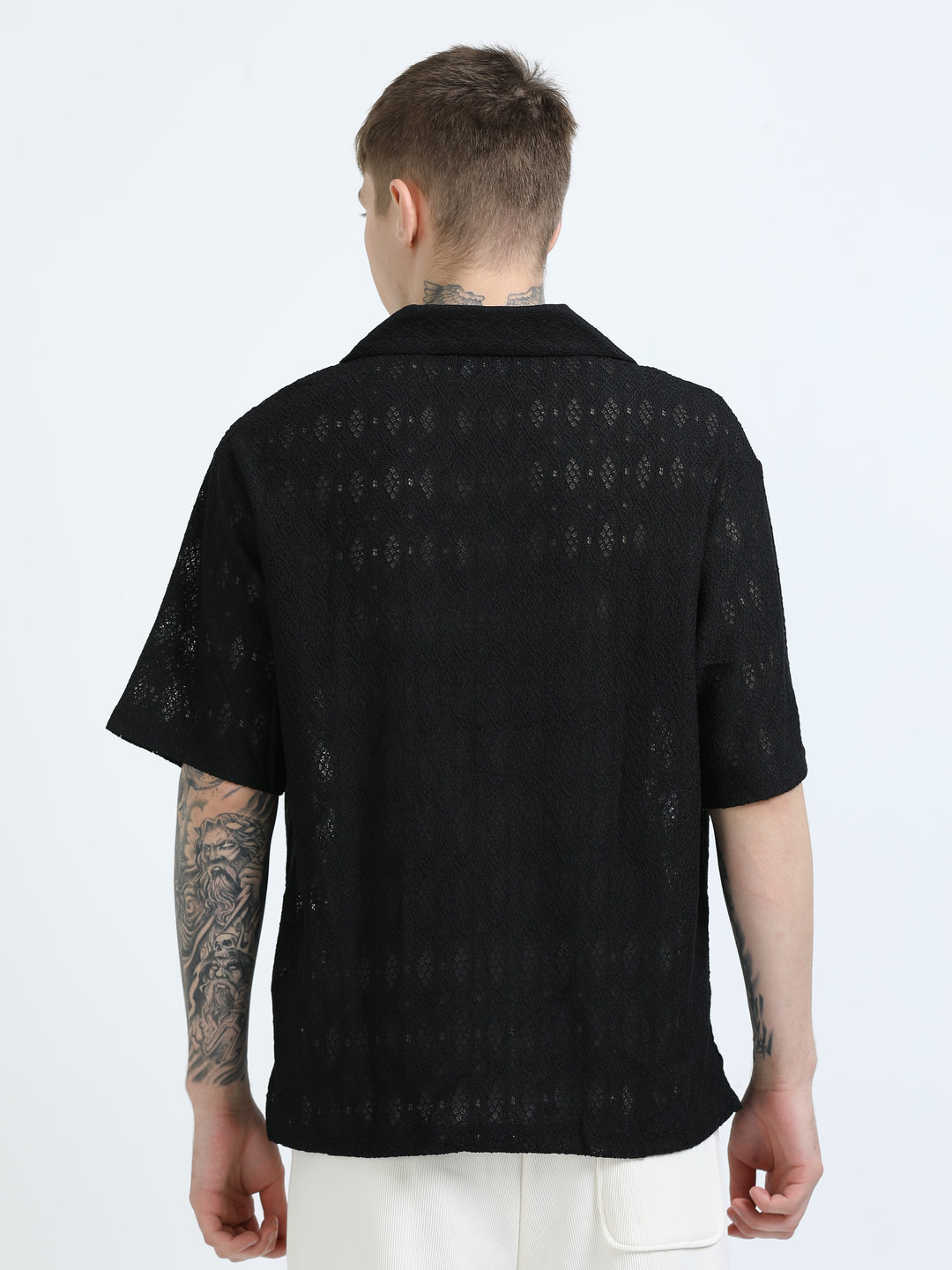 Premium Lace Pattern Short Sleeve Shirt - Black