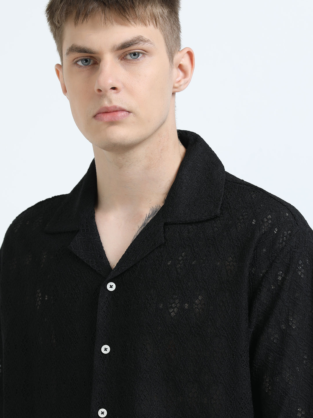 Premium Lace Pattern Short Sleeve Shirt - Black
