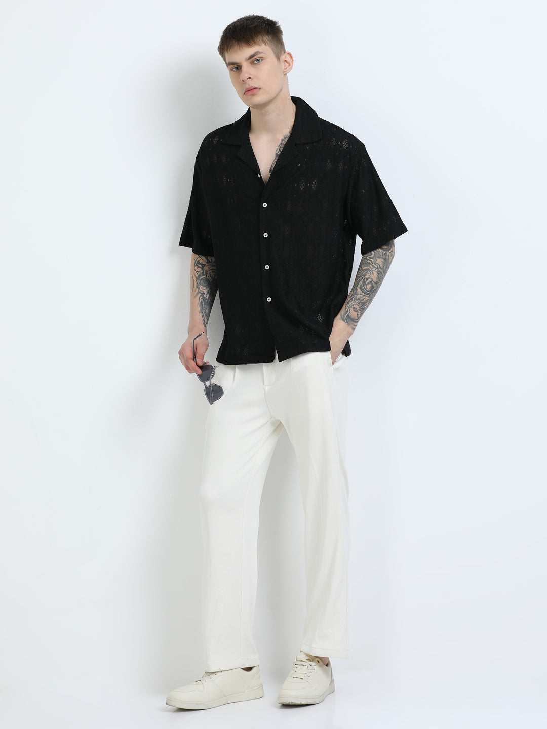 Premium Lace Pattern Short Sleeve Shirt - Black