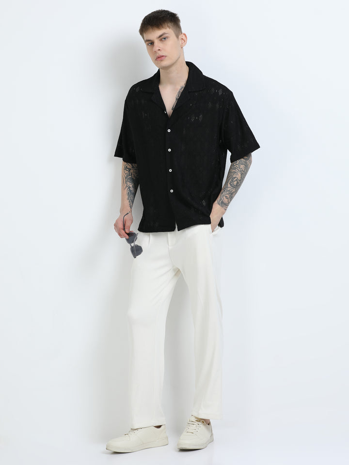 Premium Lace Pattern Short Sleeve Shirt - Black