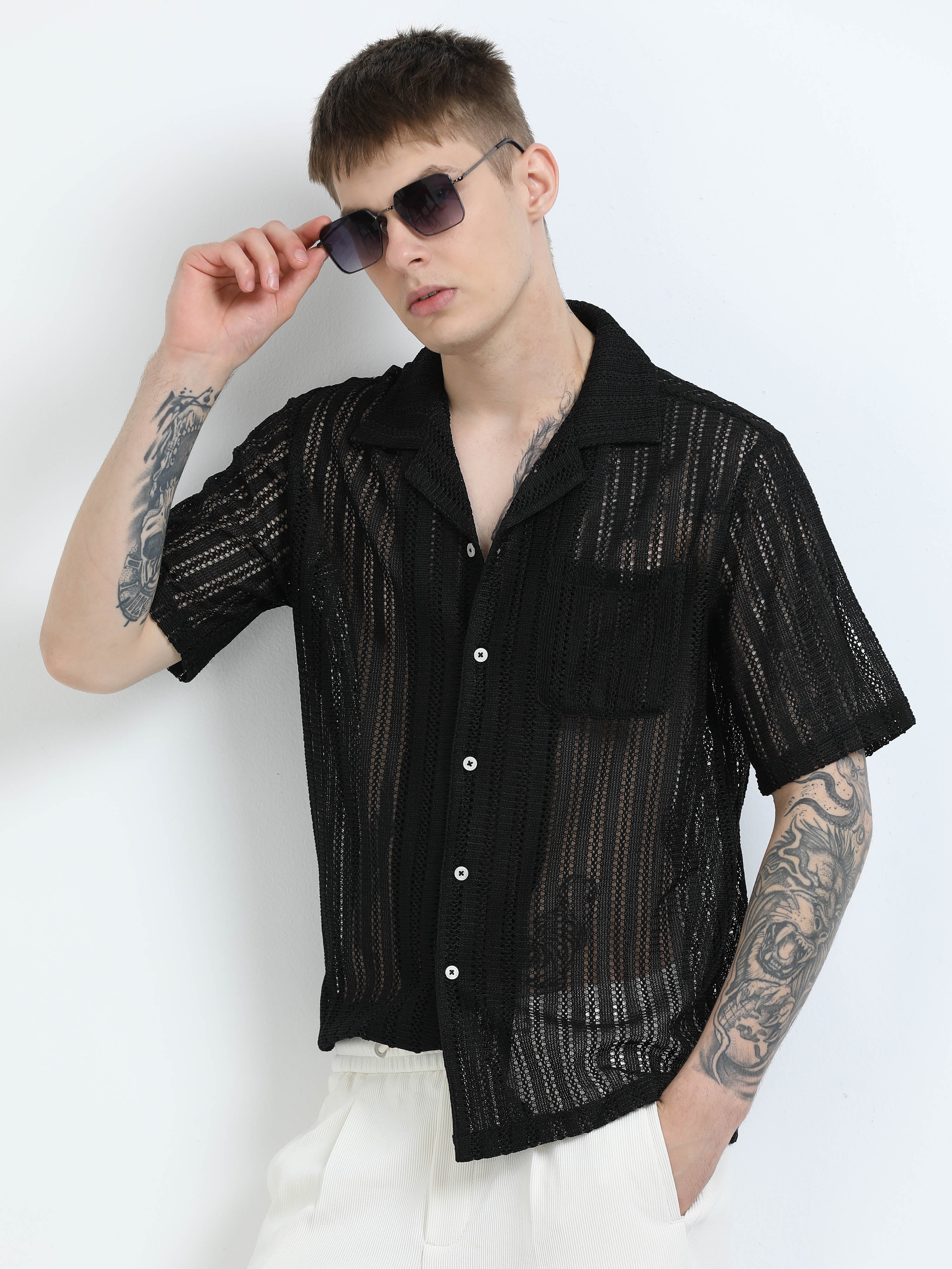 Vertical Stripe Crochet Mesh Shirt - Black – DAVIDO LONDON