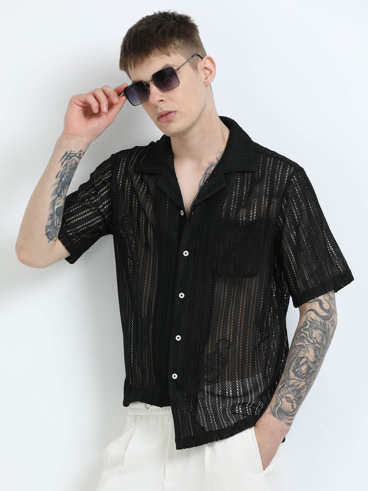 Vertical Stripe Crochet Mesh Shirt - Black