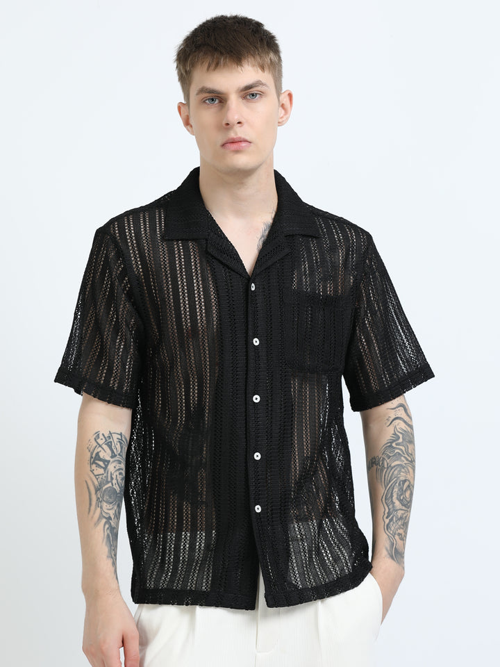 Vertical Stripe Crochet Mesh Shirt - Black