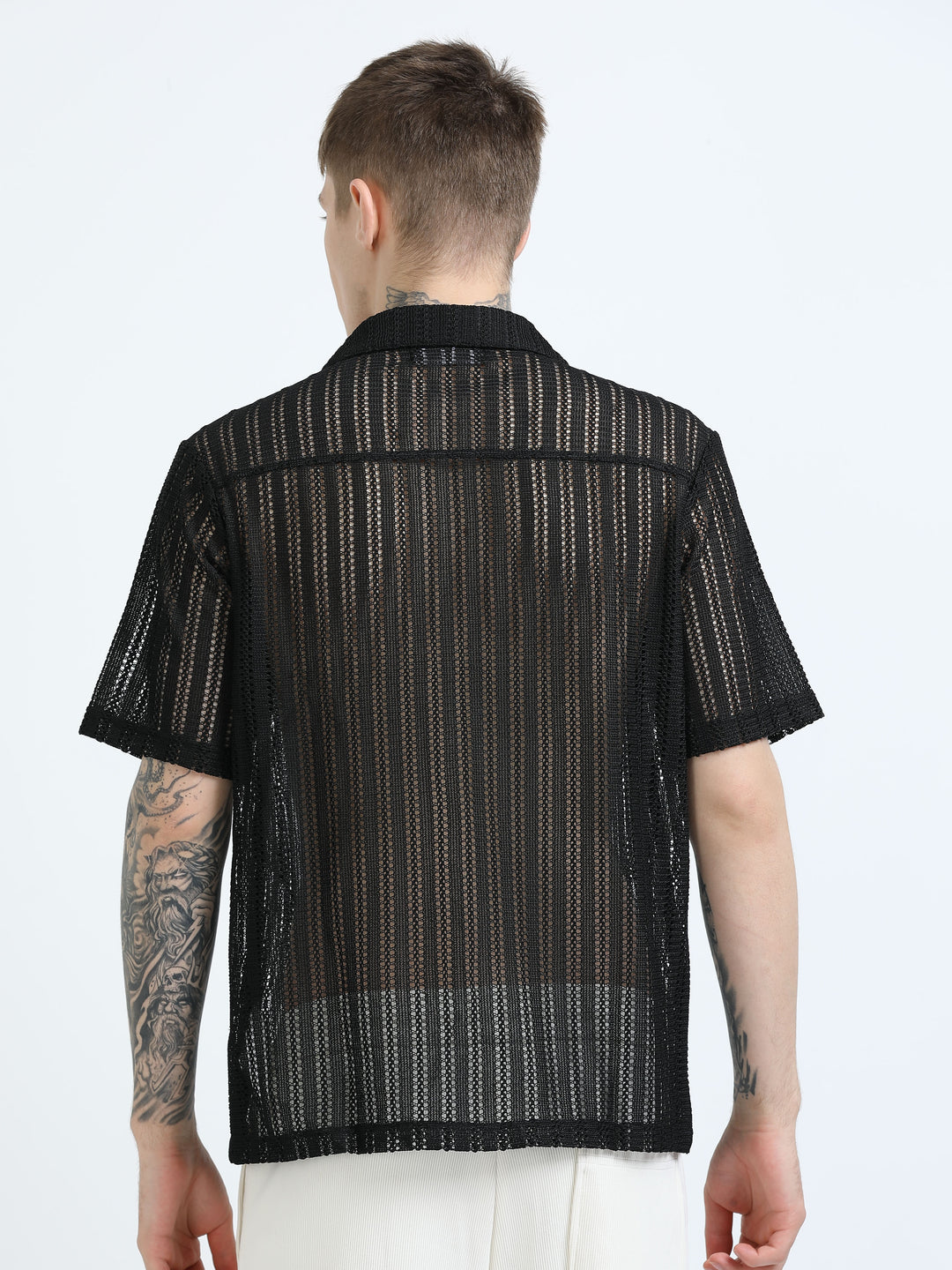 Vertical Stripe Crochet Mesh Shirt - Black