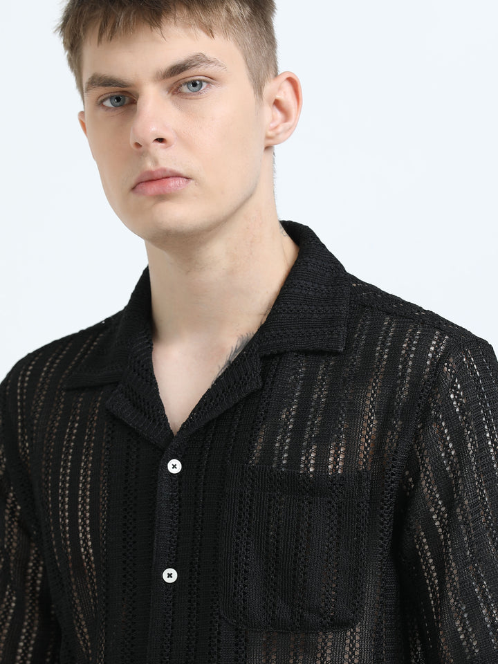 Vertical Stripe Crochet Mesh Shirt - Black