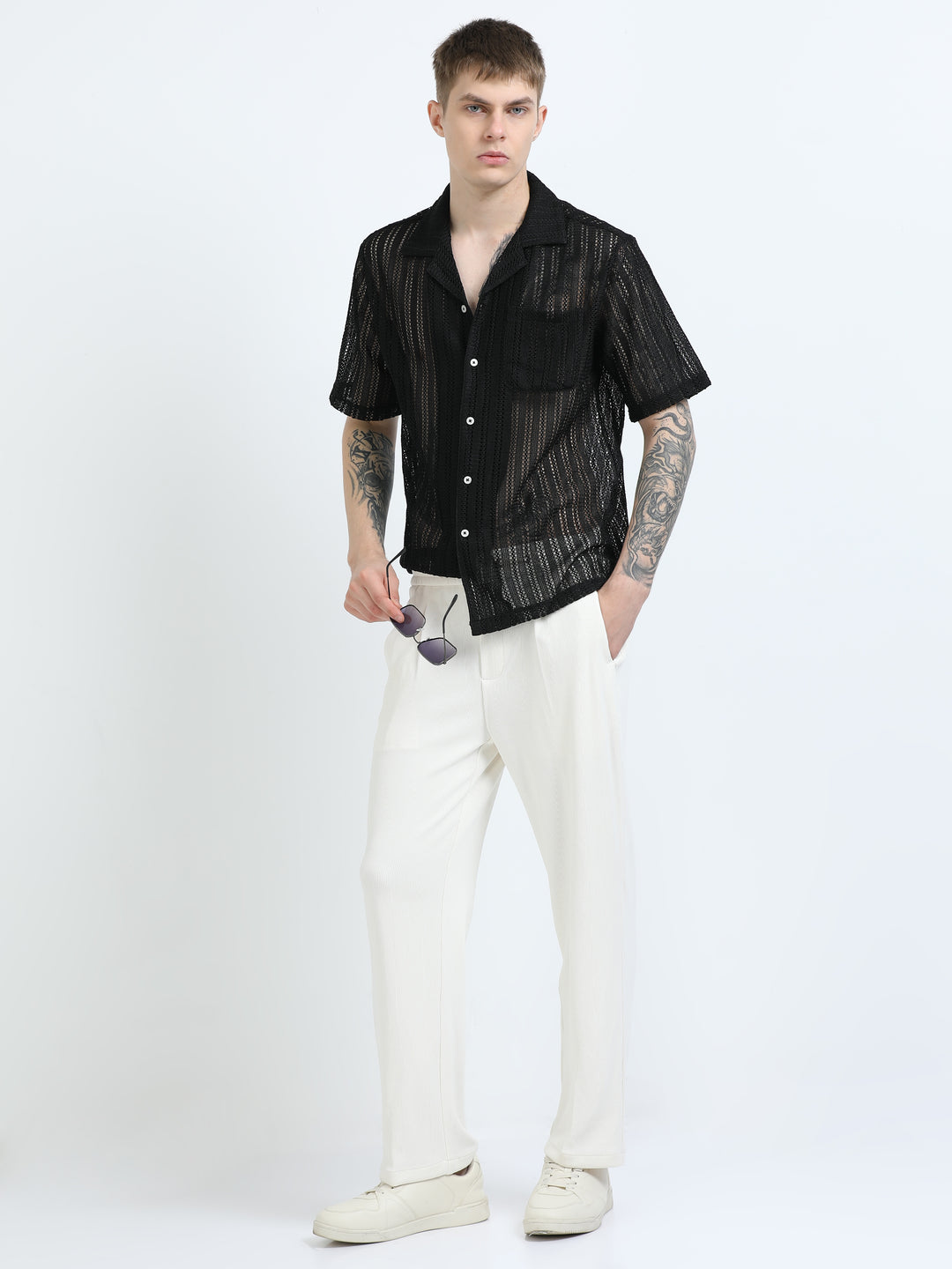 Vertical Stripe Crochet Mesh Shirt - Black