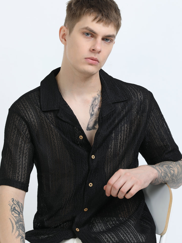 Sheer Textured Cuban Collar Short Sleeve Shirt - Black