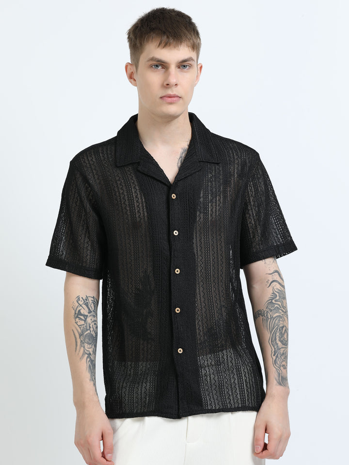 Sheer Textured Cuban Collar Short Sleeve Shirt - Black