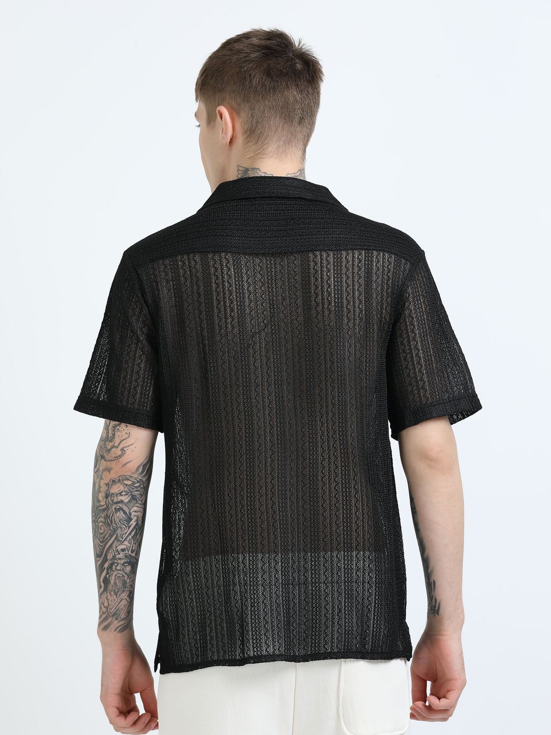 Sheer Textured Cuban Collar Short Sleeve Shirt - Black