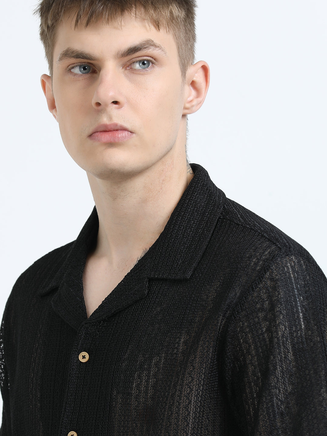 Sheer Textured Cuban Collar Short Sleeve Shirt - Black