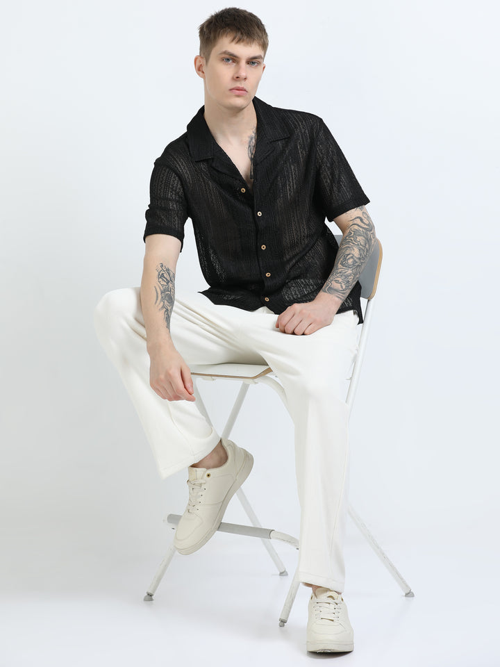 Sheer Textured Cuban Collar Short Sleeve Shirt - Black