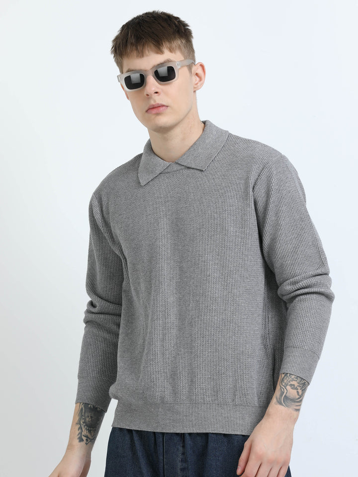 Textured Knit Polo Sweater