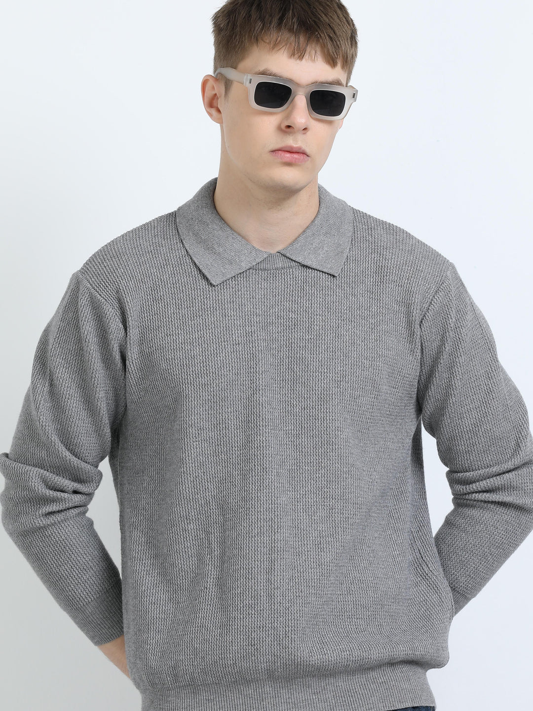 Textured Knit Polo Sweater