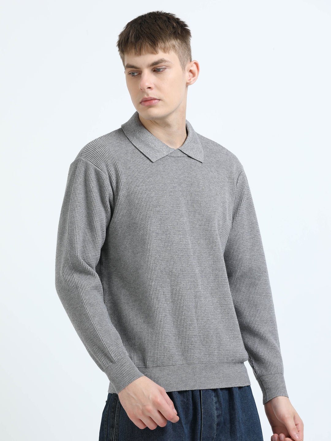 Textured Knit Polo Sweater