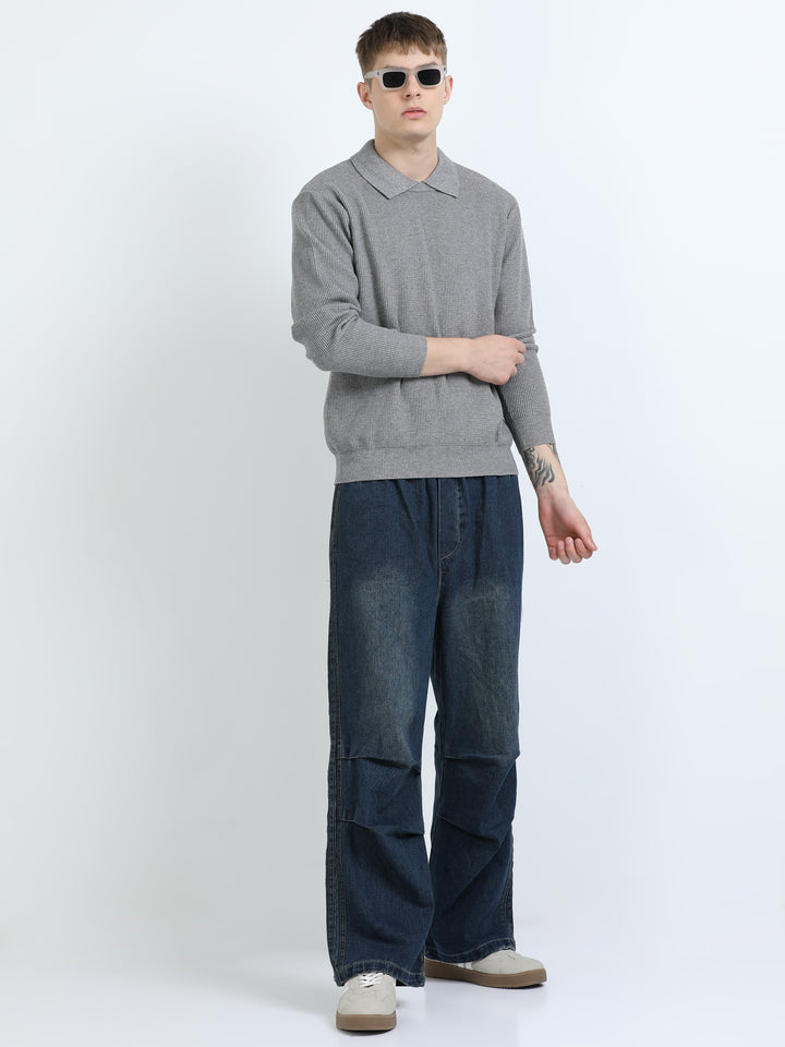 Textured Knit Polo Sweater
