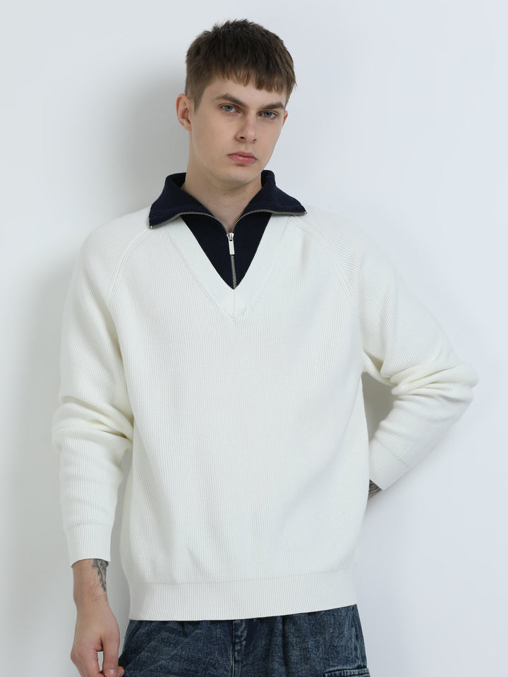 Long Collar Zip Knit Top