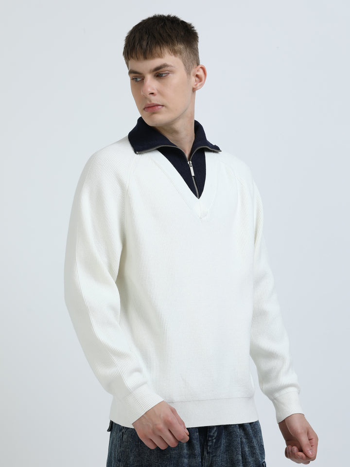 Long Collar Zip Knit Top