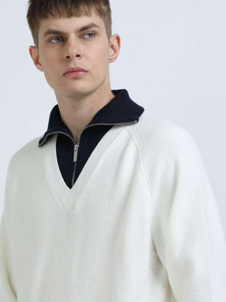 Long Collar Zip Knit Top