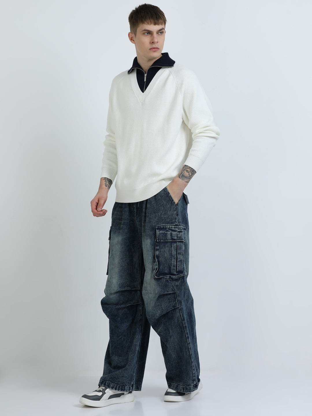 Long Collar Zip Knit Top