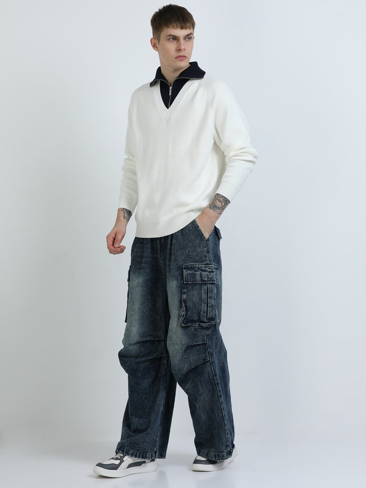 Long Collar Zip Knit Top