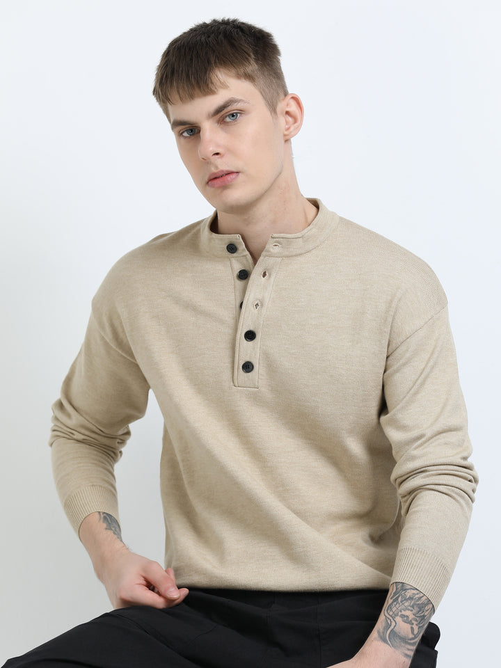 henley sweater over dress shirt J.McLaughlin Men's Mock Neck Cashmere Henley Sweater Light Heather Gray, Size Small