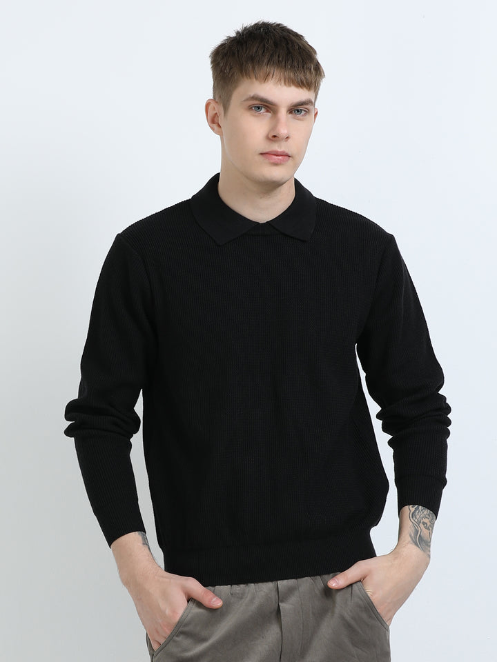 Textured Knit Polo Sweater