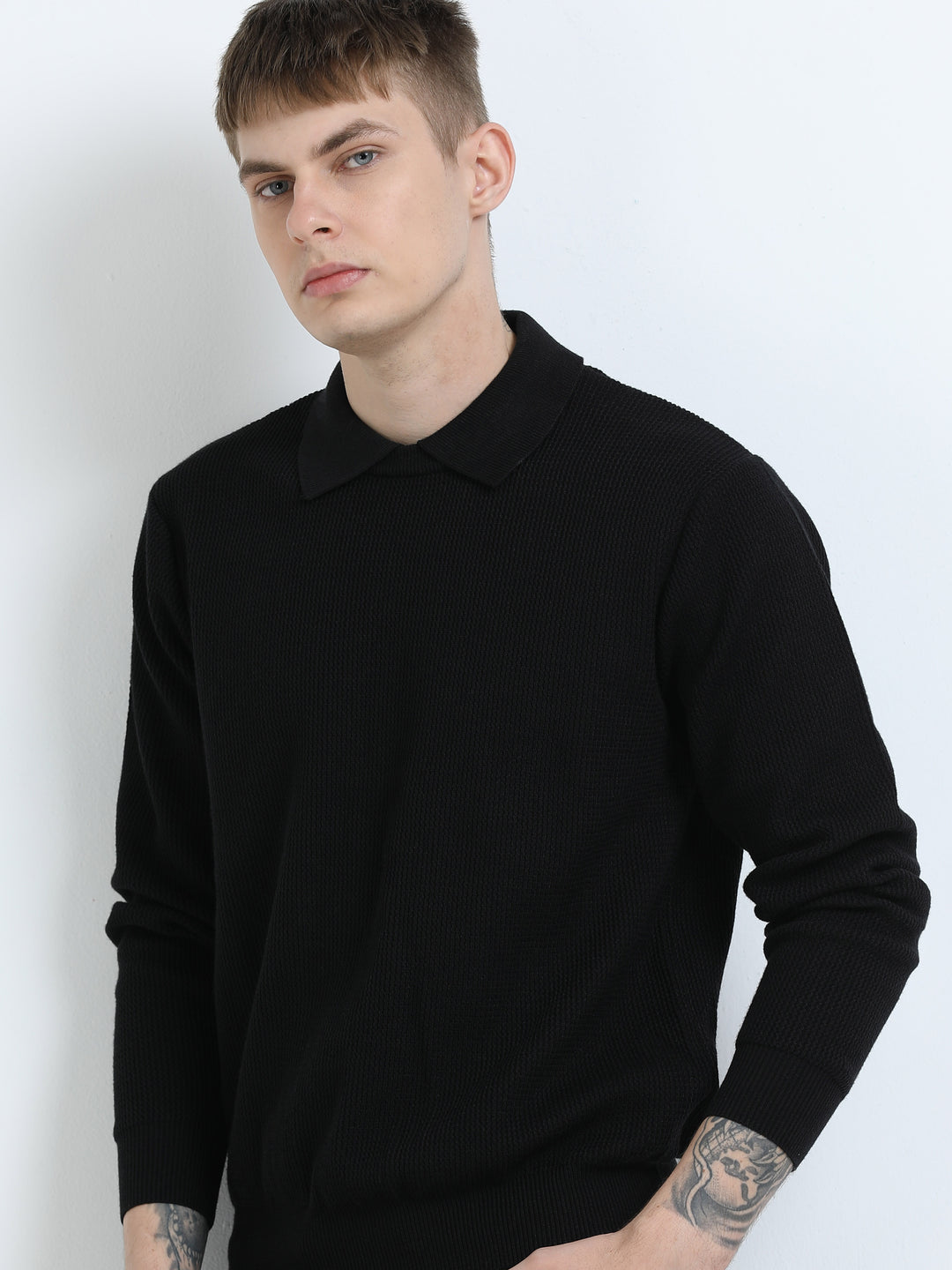 Textured Knit Polo Sweater