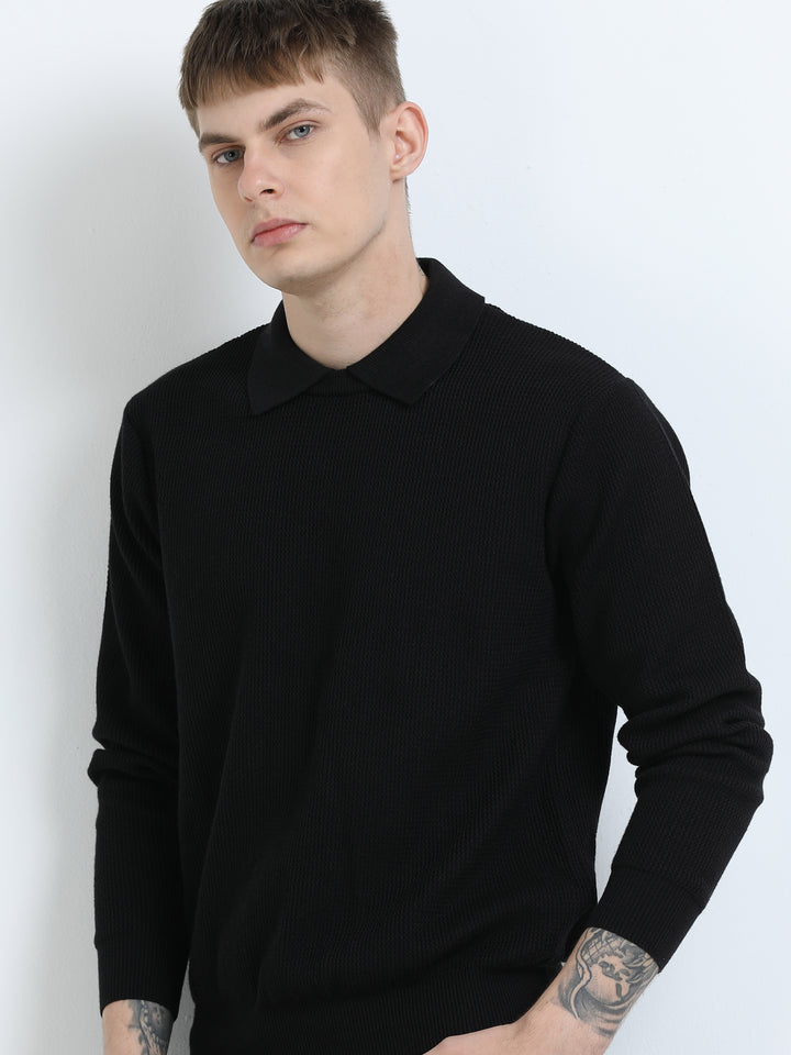 Textured Knit Polo Sweater