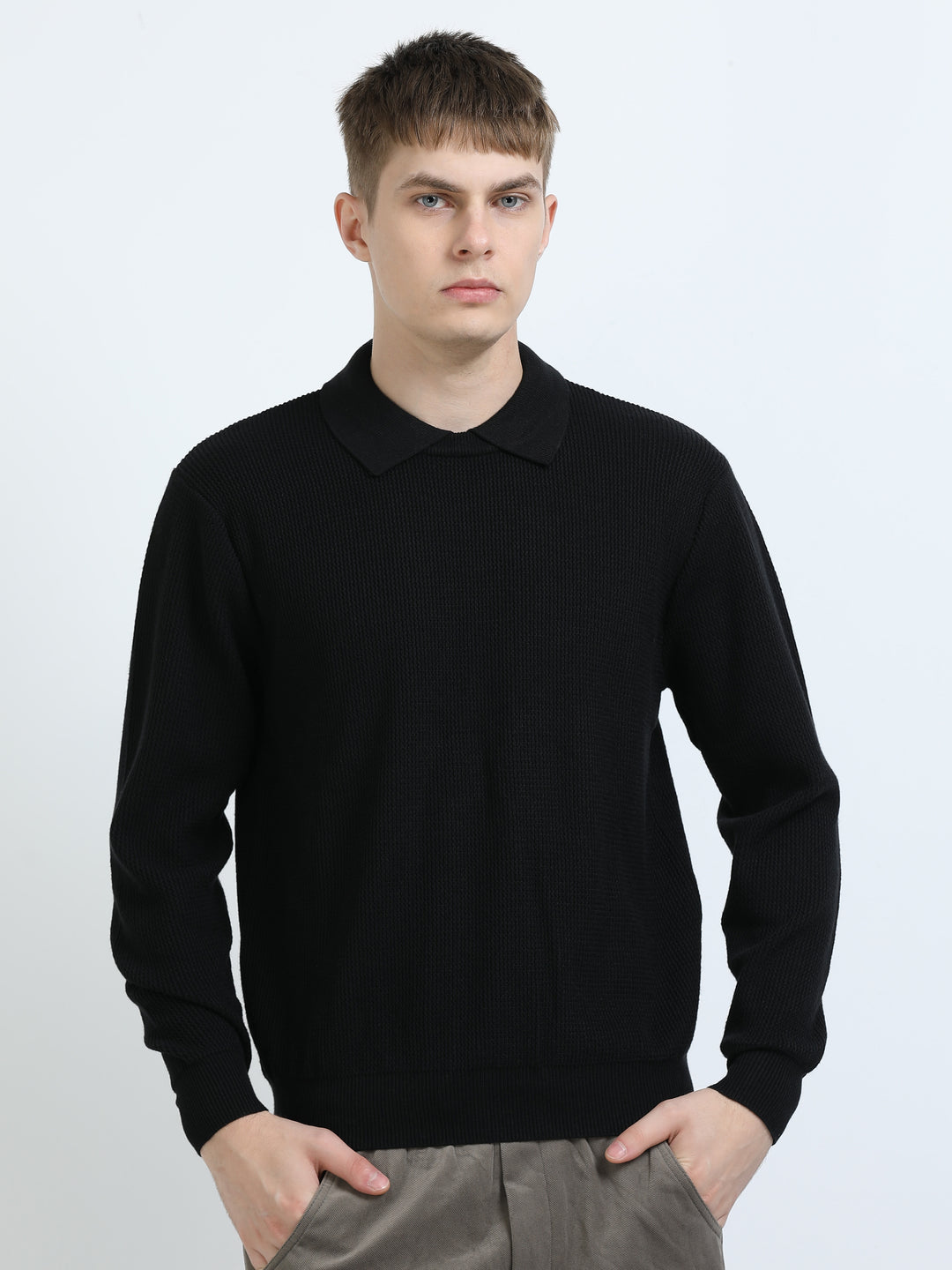 Textured Knit Polo Sweater