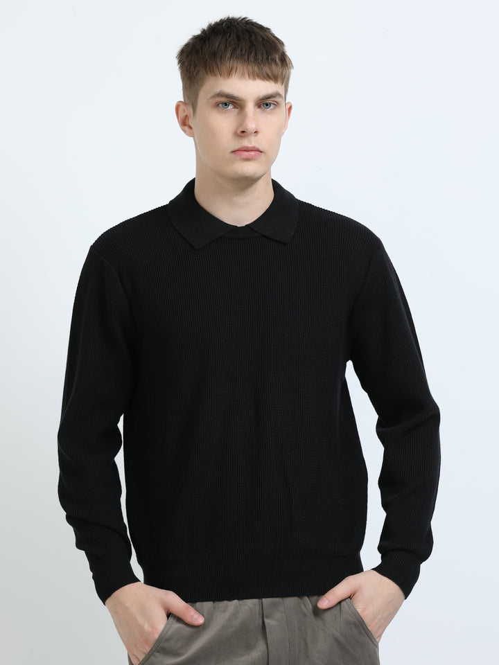 Textured Knit Polo Sweater