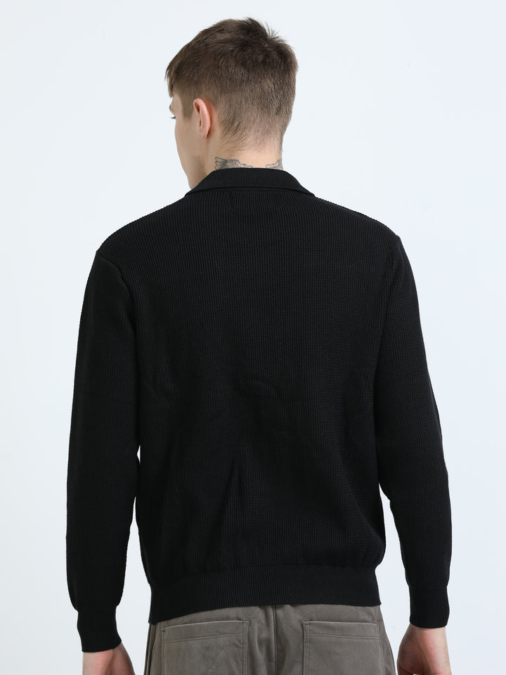 Textured Knit Polo Sweater