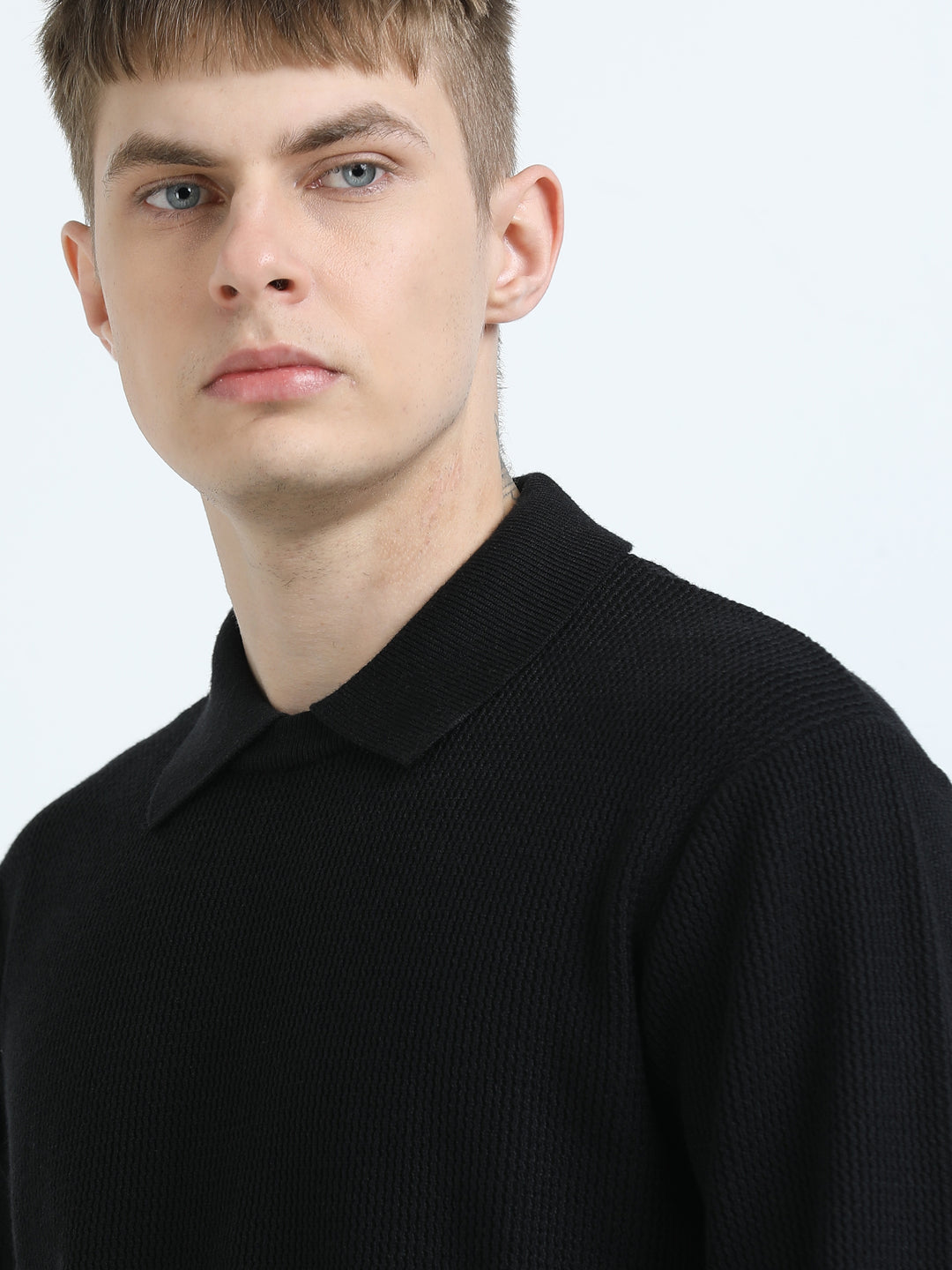 Textured Knit Polo Sweater