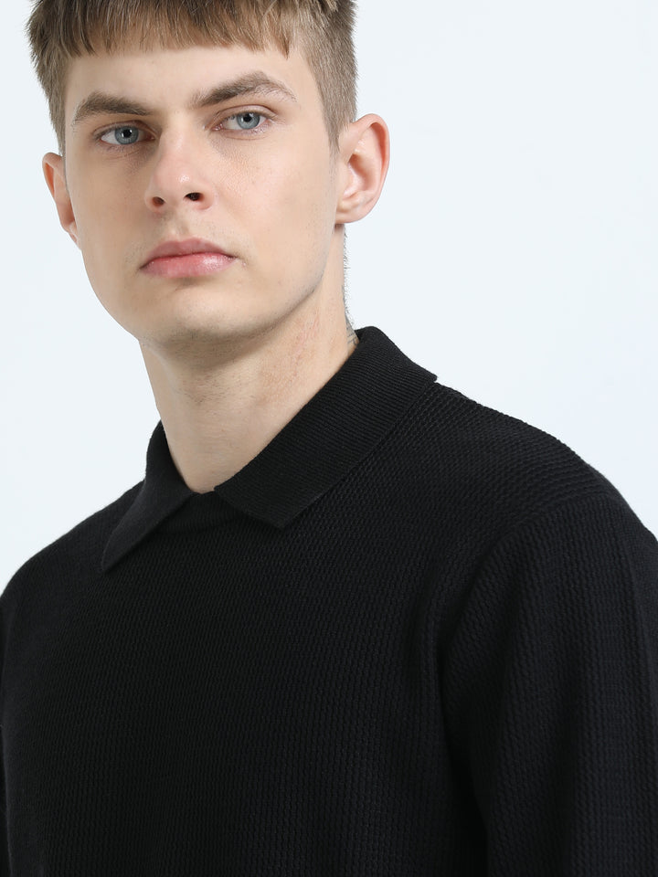 Textured Knit Polo Sweater