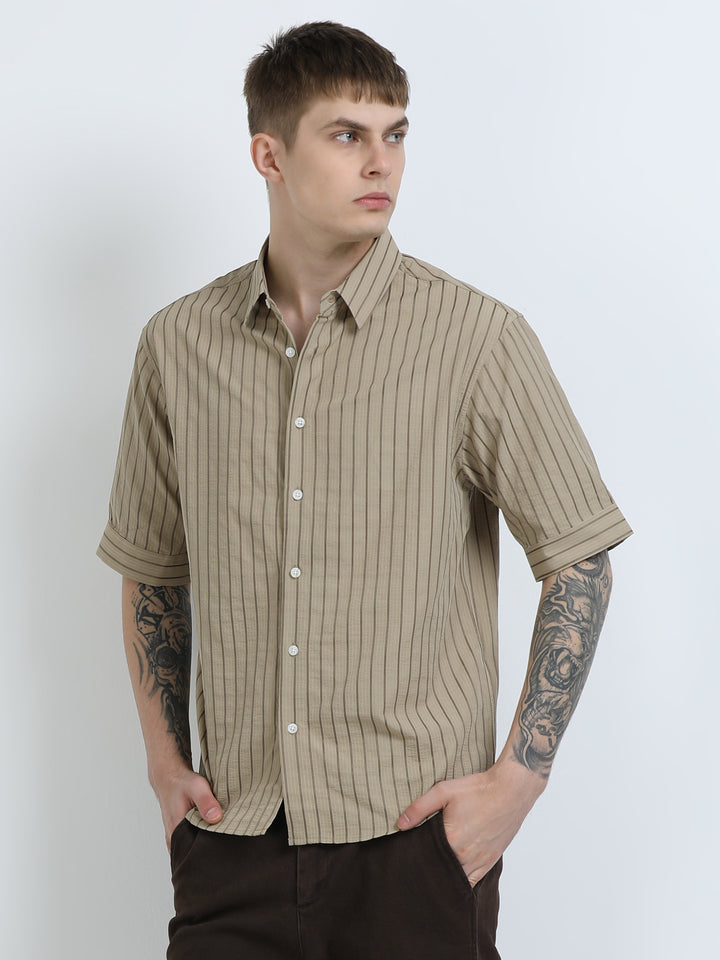 Brown Striped Short-Sleeve Shirt