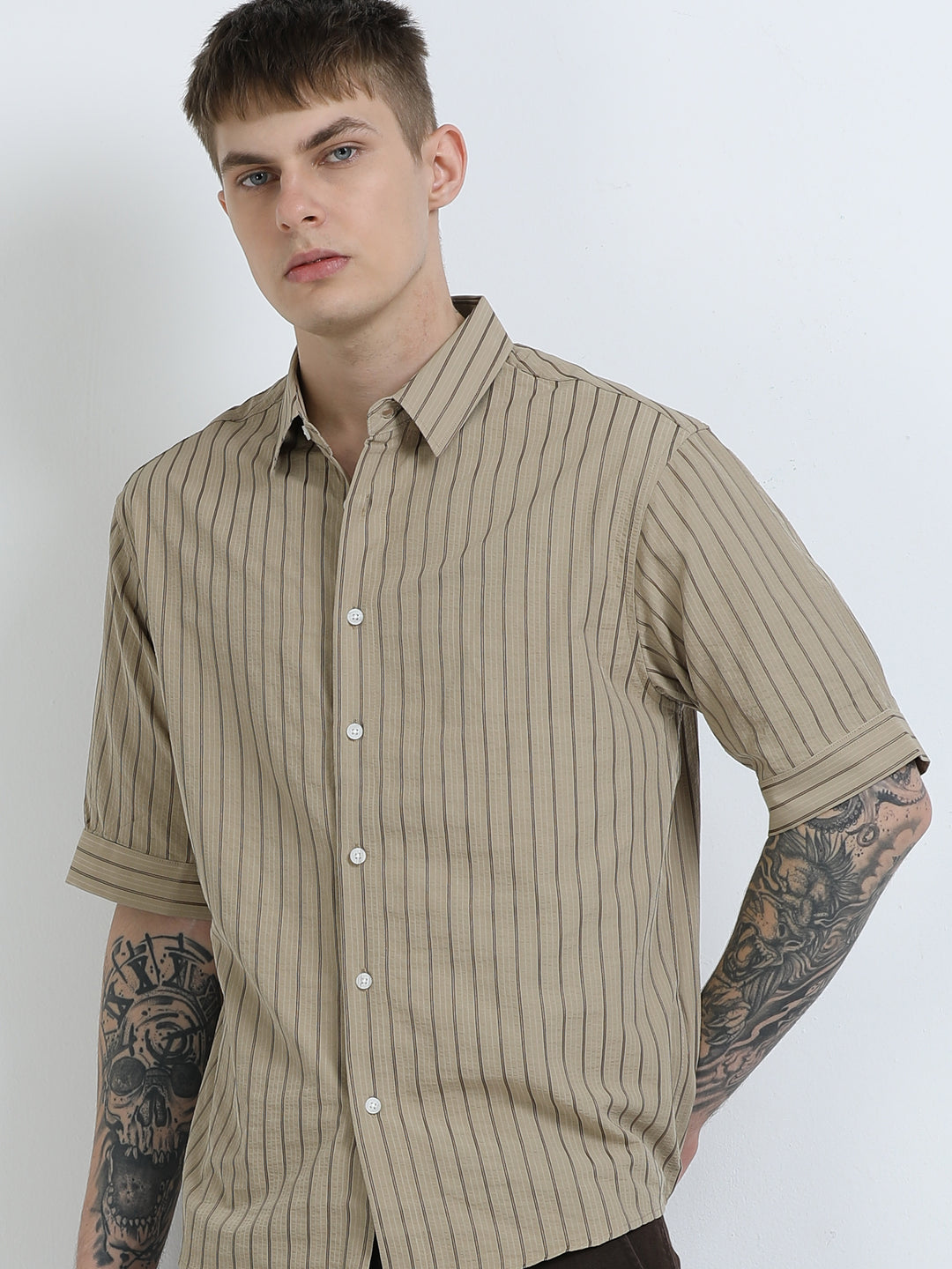 Brown Striped Short-Sleeve Shirt