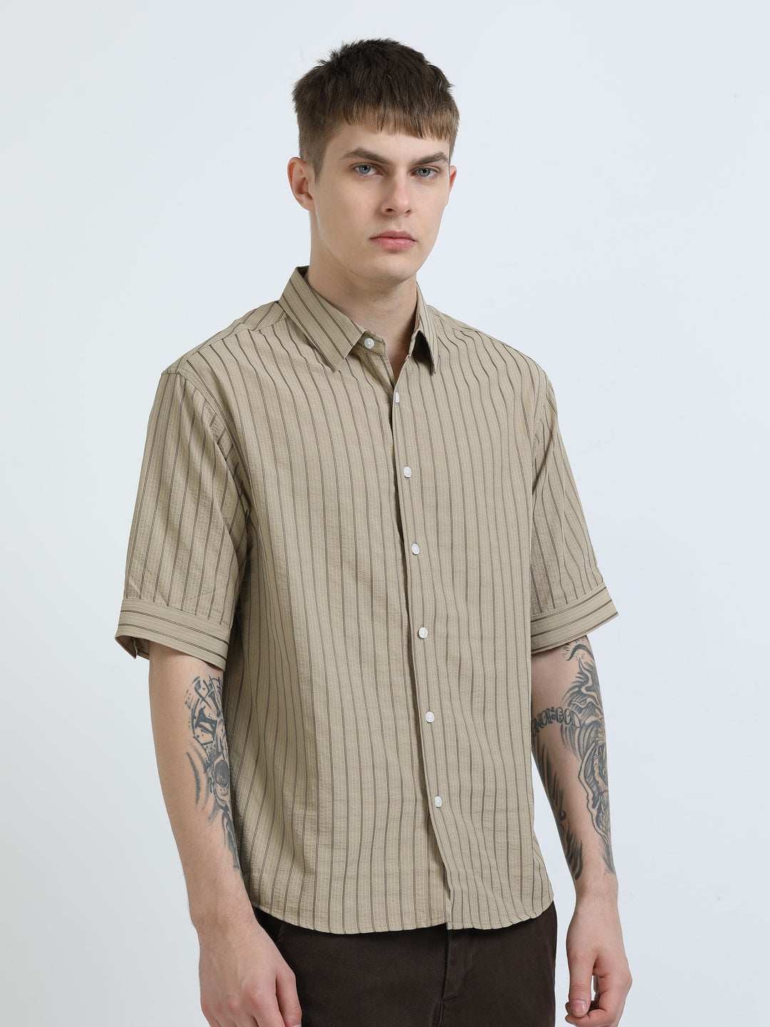 Brown Striped Short-Sleeve Shirt