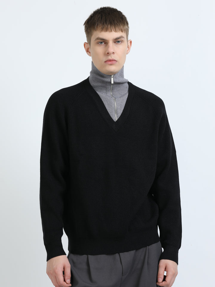 Long Collar Zip Knit Top