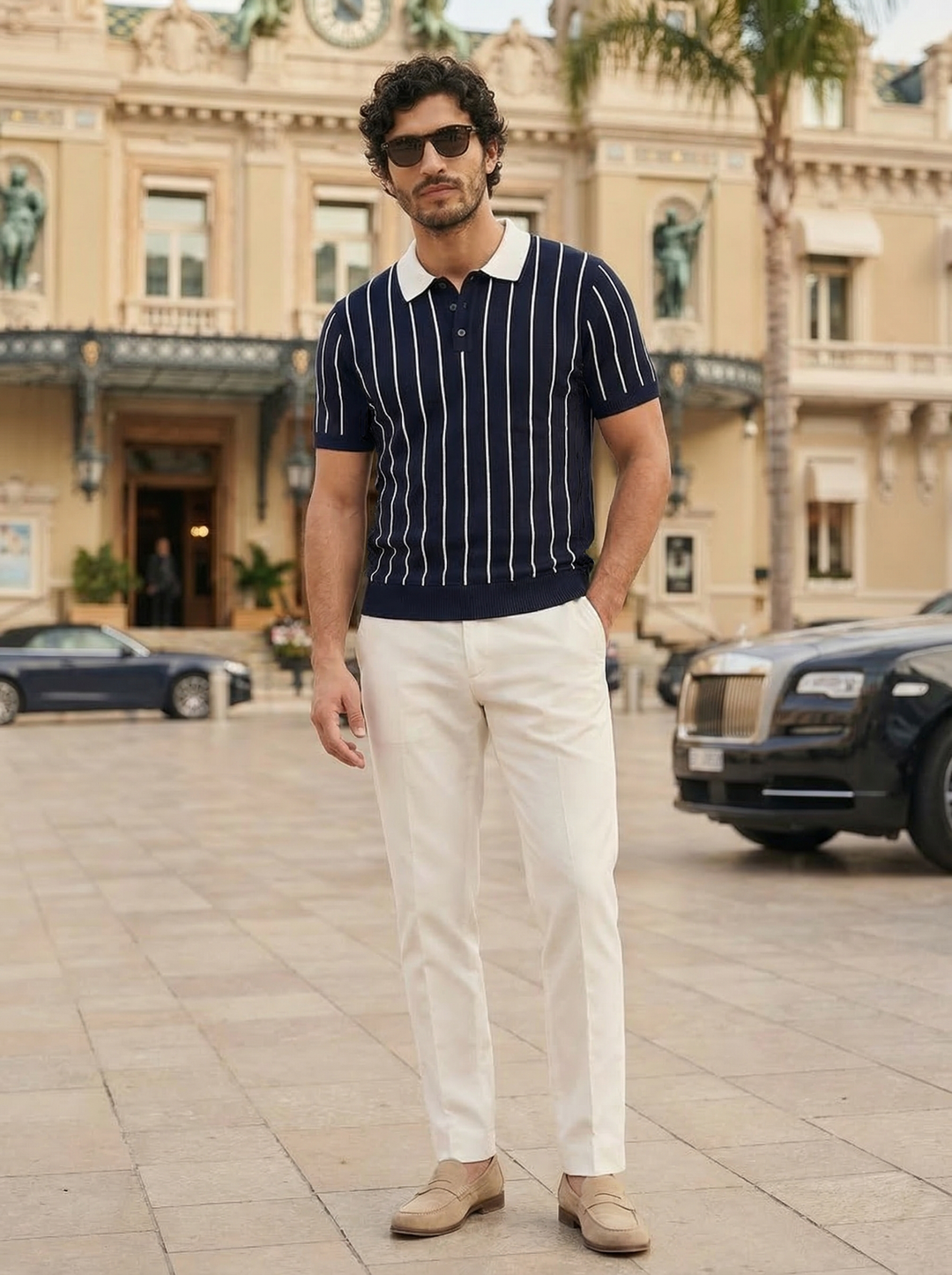Seradore Pinstripe Knit Polo – Midnight Riviera