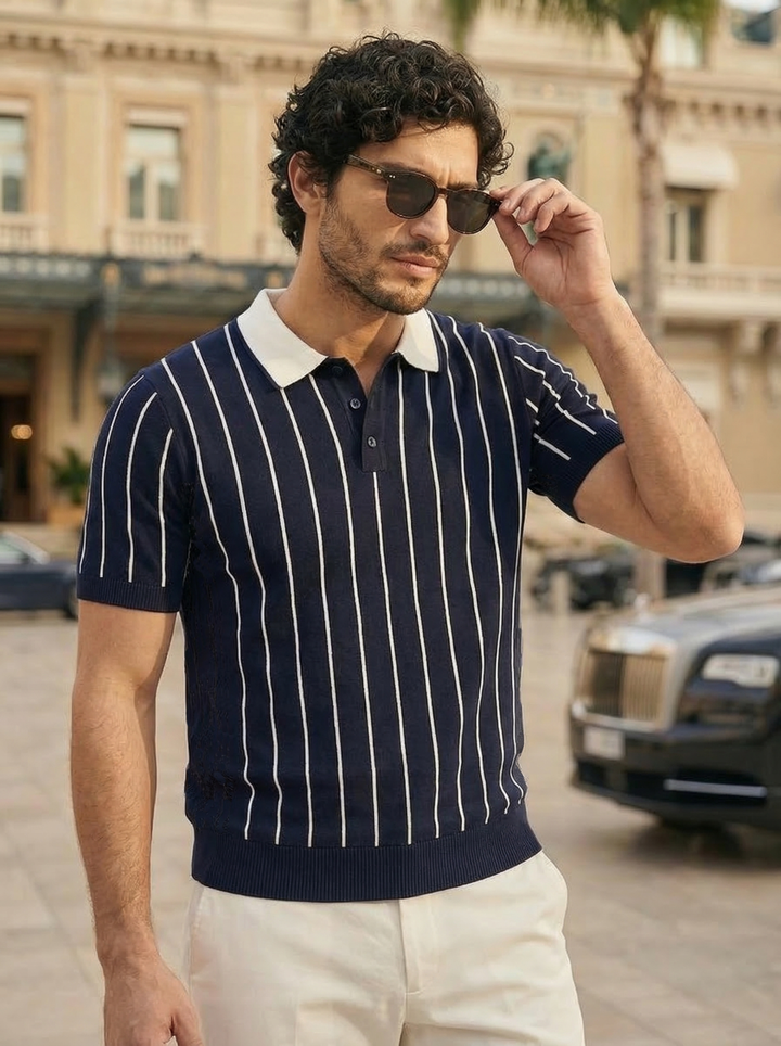Seradore Pinstripe Knit Polo – Midnight Riviera