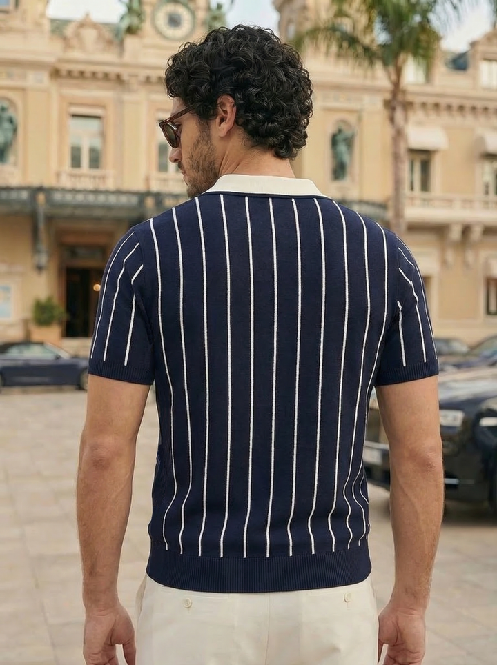 Seradore Pinstripe Knit Polo – Midnight Riviera