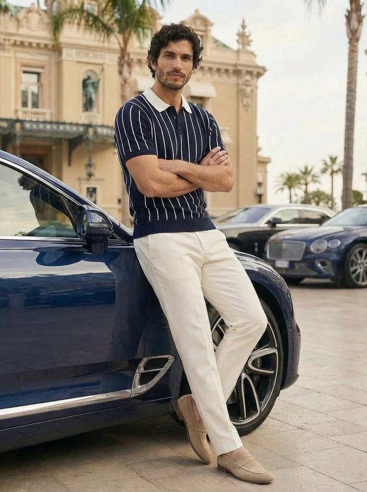 Seradore Pinstripe Knit Polo – Midnight Riviera