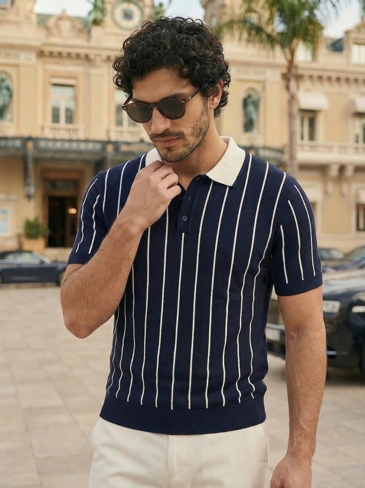 Seradore Pinstripe Knit Polo – Midnight Riviera