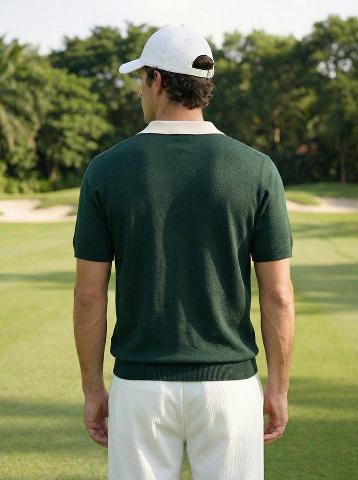 Creston Contrast Collar Knit Polo – Forest Green