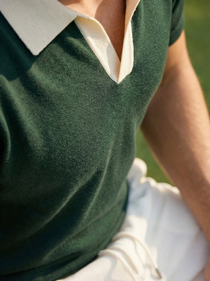 Creston Contrast Collar Knit Polo – Forest Green