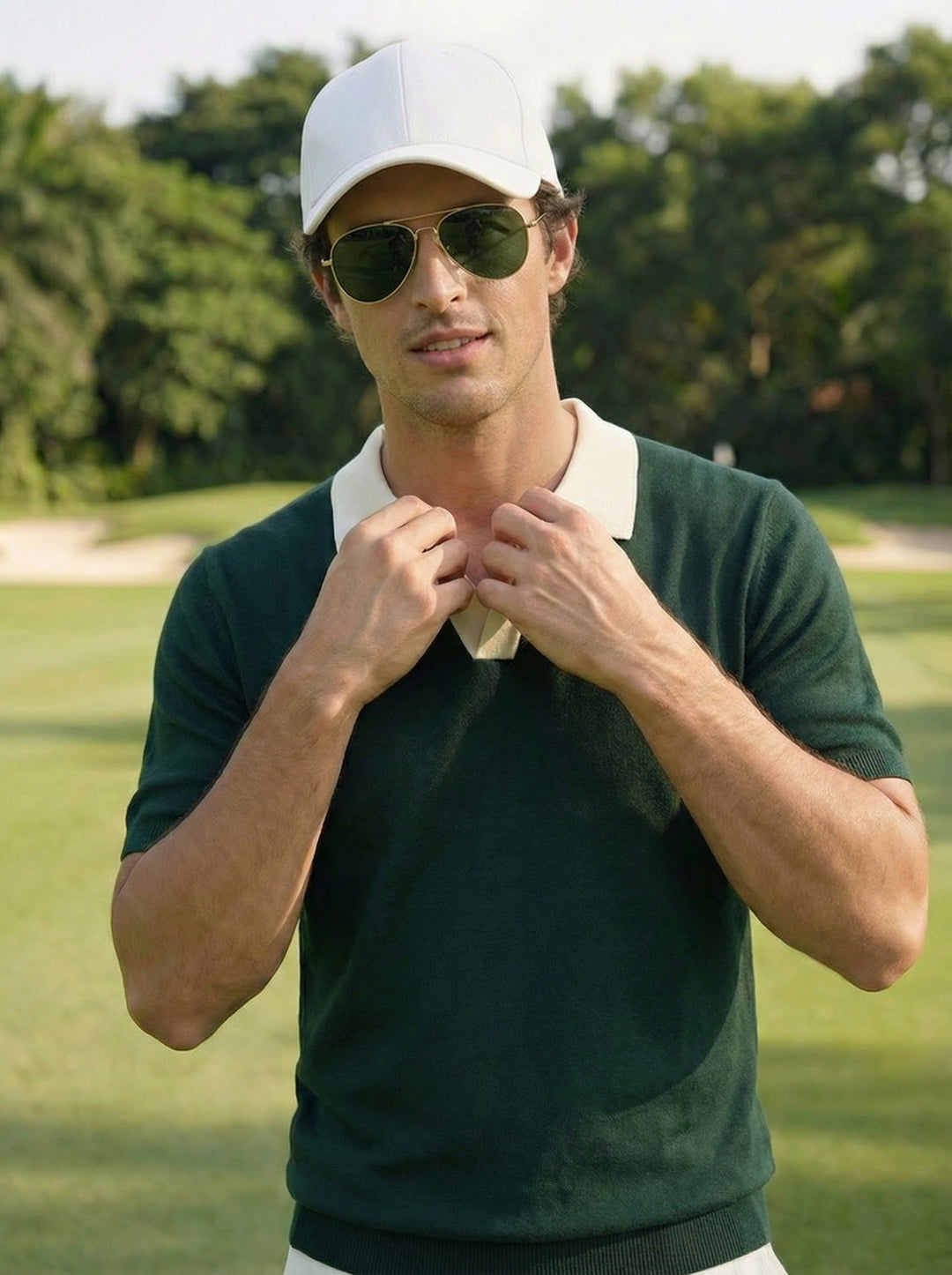 Creston Contrast Collar Knit Polo – Forest Green