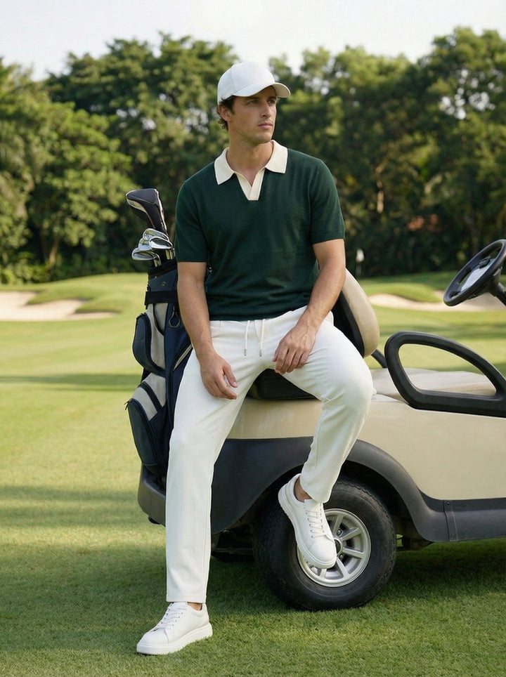 Creston Contrast Collar Knit Polo – Forest Green