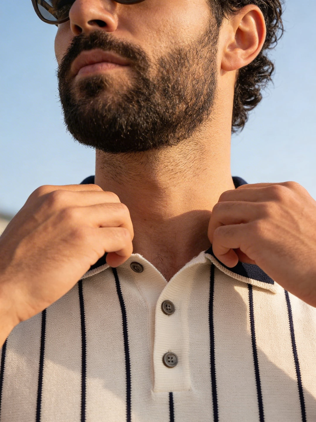 Seradore Pinstripe Knit Polo – Coastal Ivory
