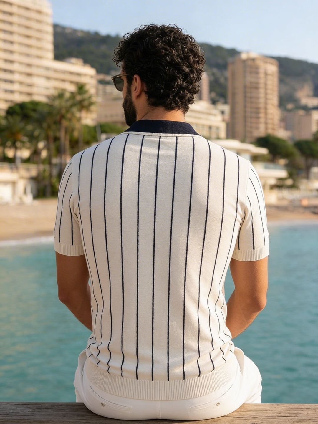Seradore Pinstripe Knit Polo – Coastal Ivory